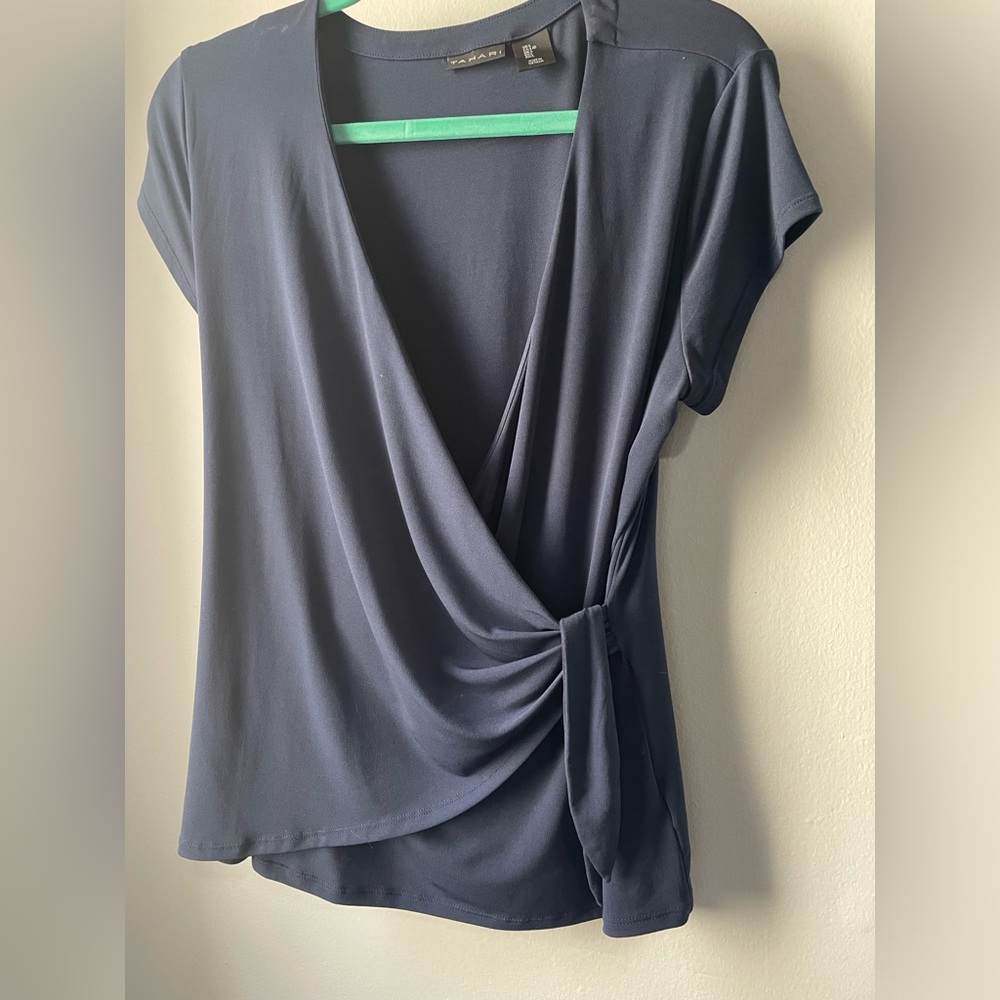 Tahari Navy faux wrap shirt with tie, size L - Picture 2 of 3